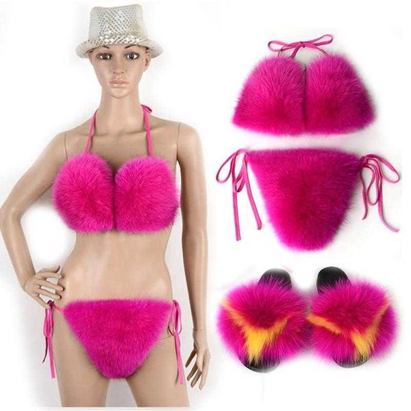 sandals fashion slippers women fur bikini bra summer beach shoes underwear detachable thick fluffy set 230417, Black
